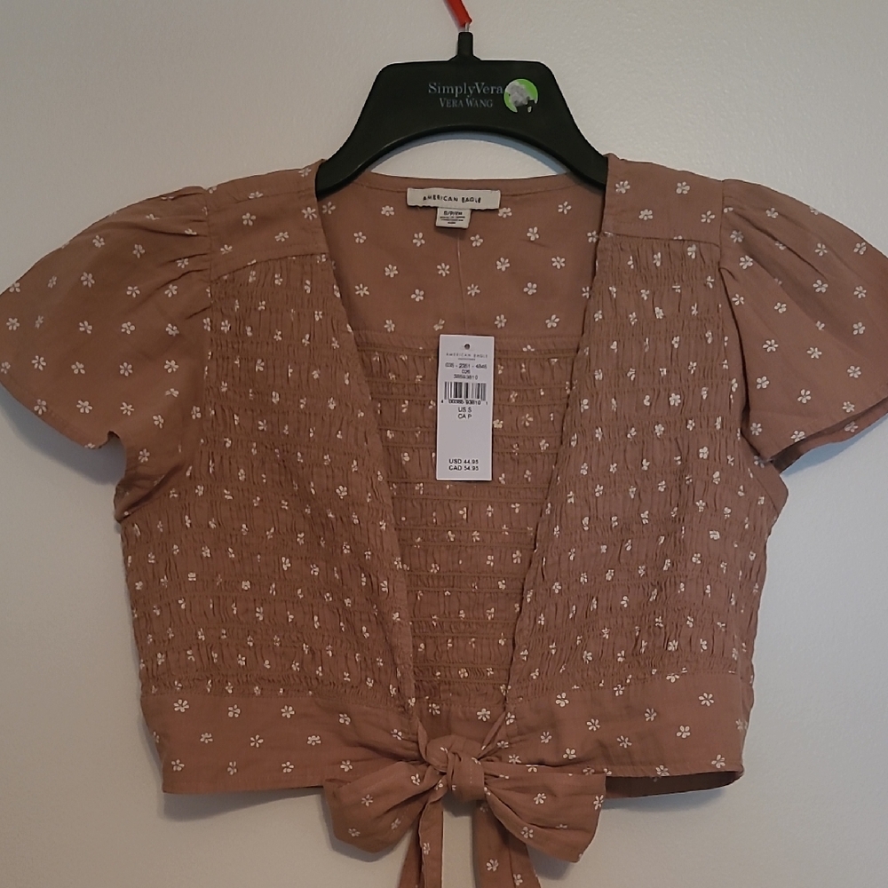 NWT American Eagle Smocked Crop Top With Tie Front & Flutter Sleeves Sz S